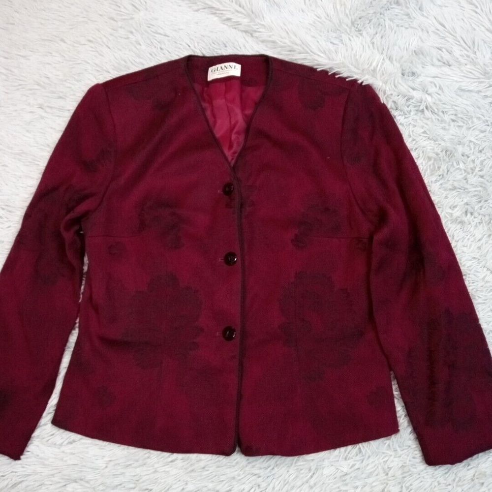 Vintage Gianni Jacket Womens 10 Red Blazer Wool Blend Floral Career Button Up